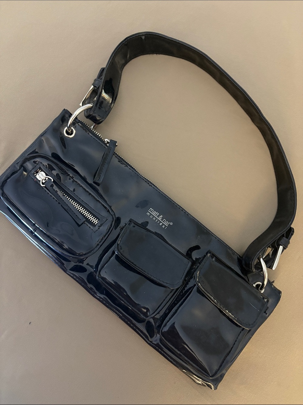Matt & Nat Navy Patent Mini Shoulder Bag with Front Pockets